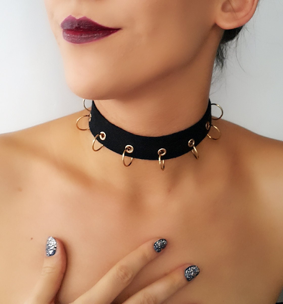 Black Gold Ring Choker Necklace Hoops 