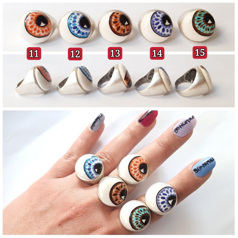 Ceramic Evil Eye Ring Lucy Rings Dainty evil eye ring Evil eye jewelry Protection ring Adjustable ring Blue evil eye Boho dome evil eye image 4