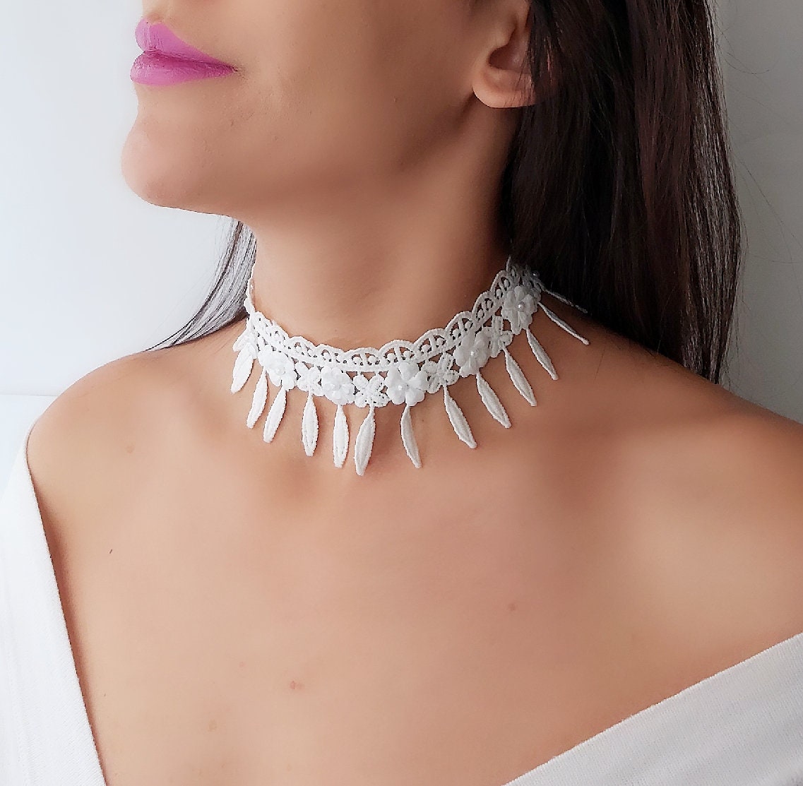 Ivory Lace Bridal Choker Necklace: Handmade Pearl Wedding