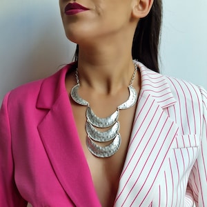 Hammered Silver Boho Statement Necklace: Antique Plated Brass Pendant