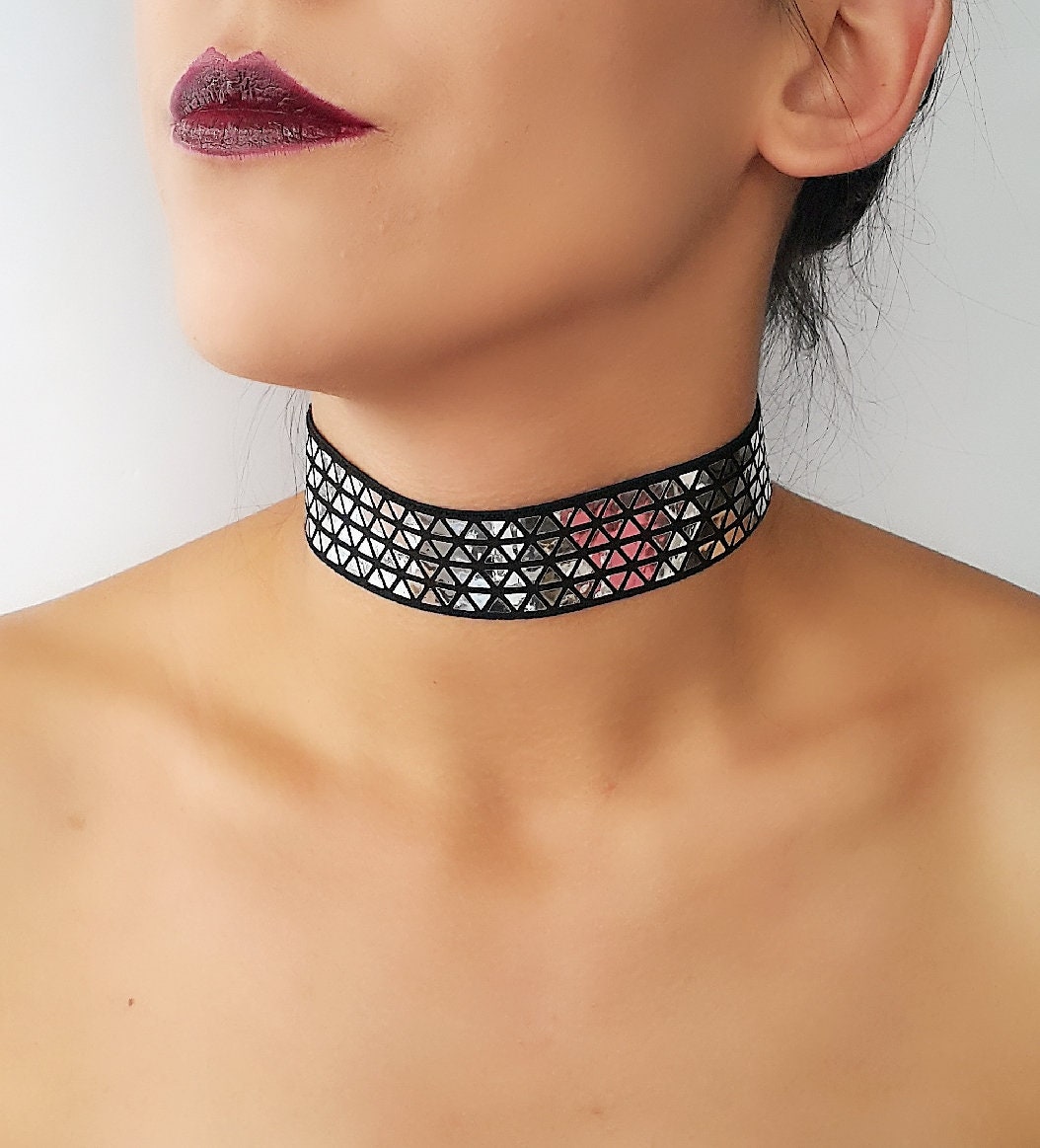Choker Collana Olografica Punk Per Donna - Collare In Finta Pelle Arcobaleno Per Festival Rave E Party - 6