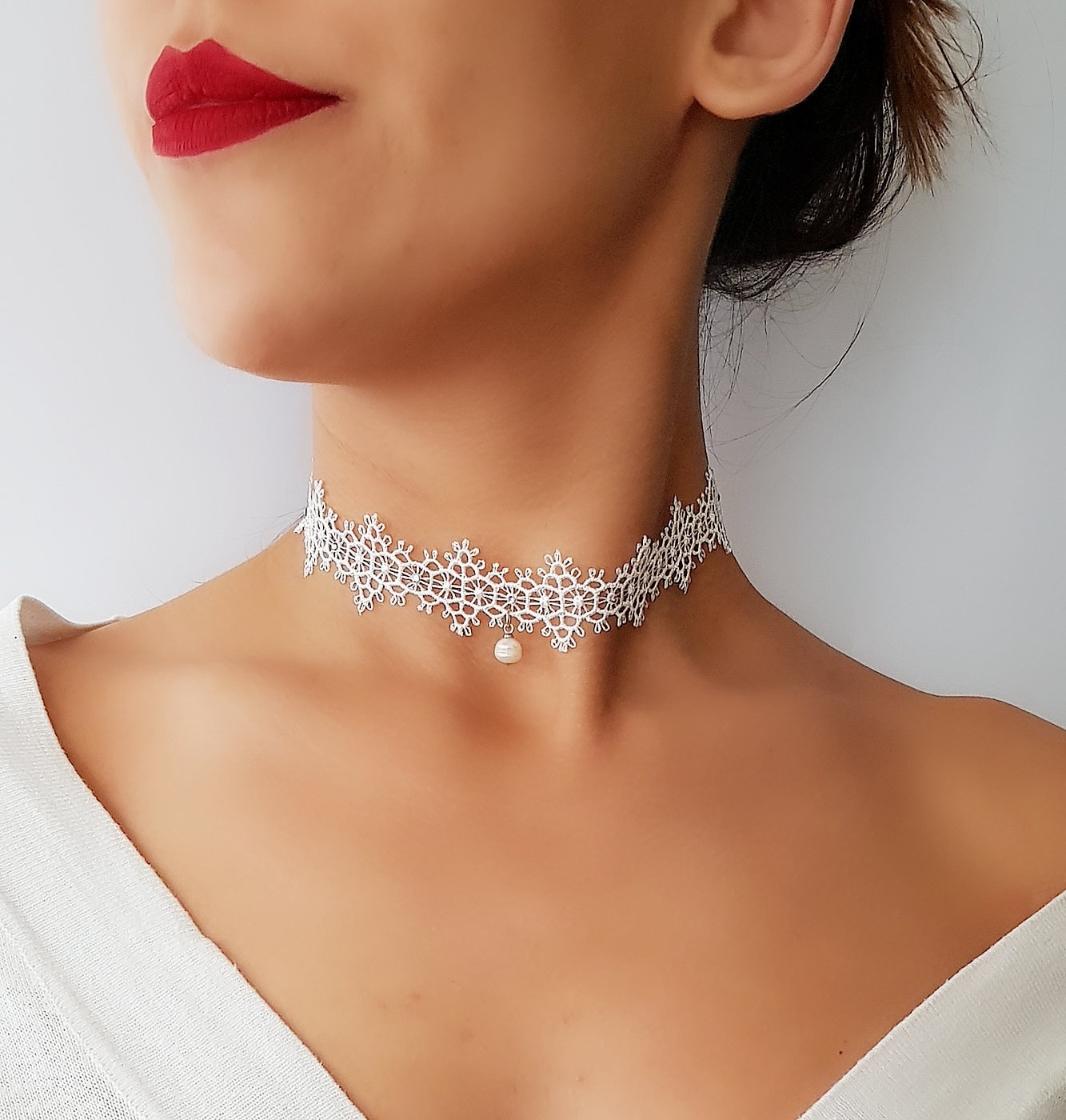 Handmade White Lace Choker: Pearl & Crystal Bridal Necklace - Etsy