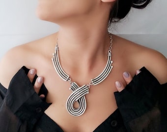 Chunky Silver Plated Necklace: Modernist Boho Statement Jewelry
