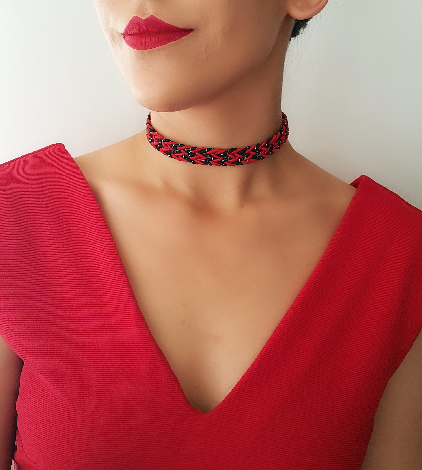 Red Braided Choker Necklace: Boho Chic Day Collar - Etsy