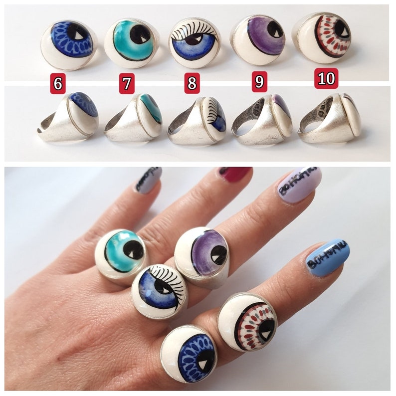 Ceramic Evil Eye Ring Lucy Rings Dainty evil eye ring Evil eye jewelry Protection ring Adjustable ring Blue evil eye Boho dome evil eye image 3