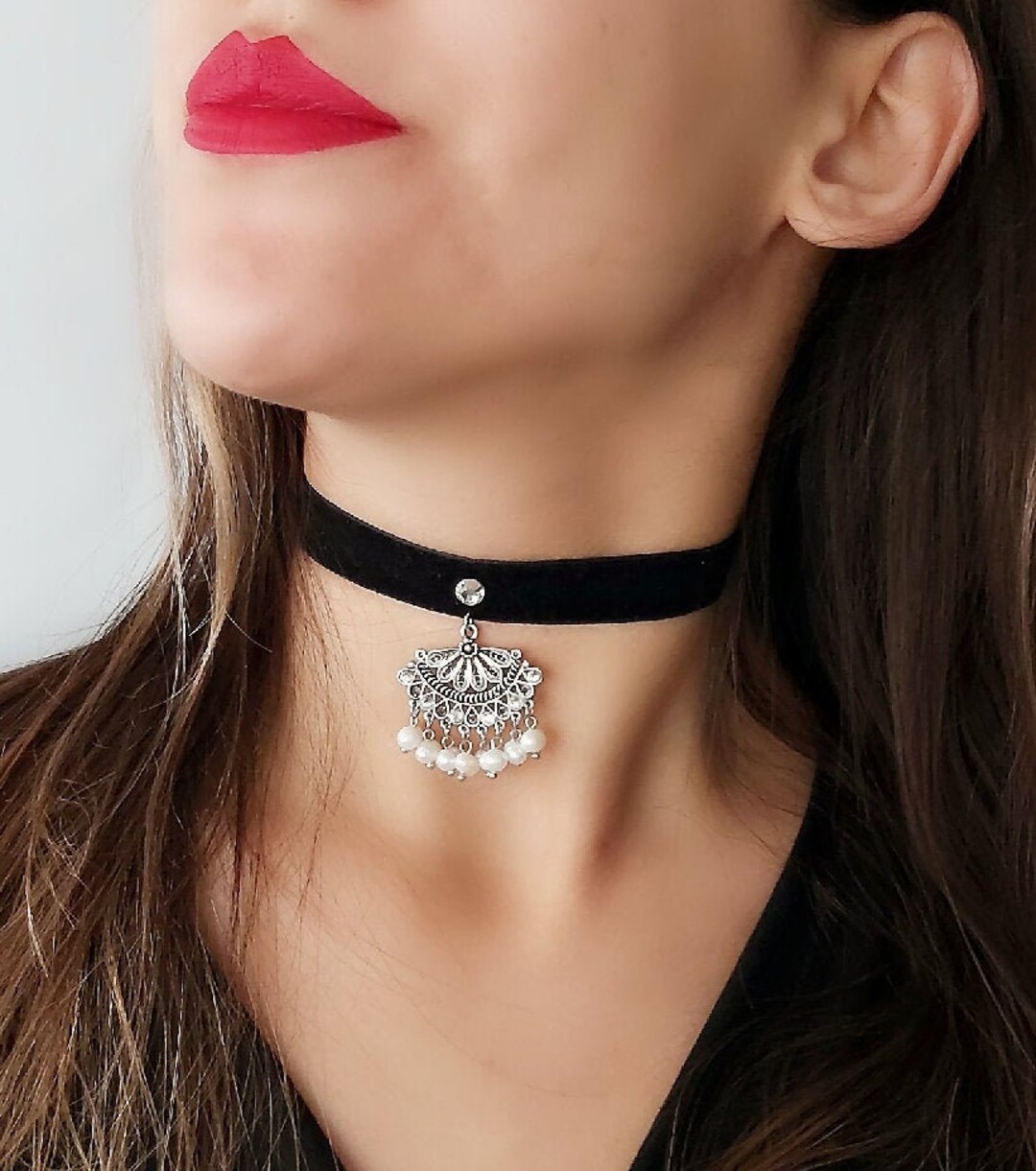 ★PEARLY MORE★ Black Chain Point Choker Necklace Pearl Choker Necklace,tiny Choker, Waterpearl Choker