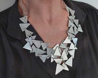 Silver Triangle Bib Necklace: Hammered Geometric Statement Jewelry