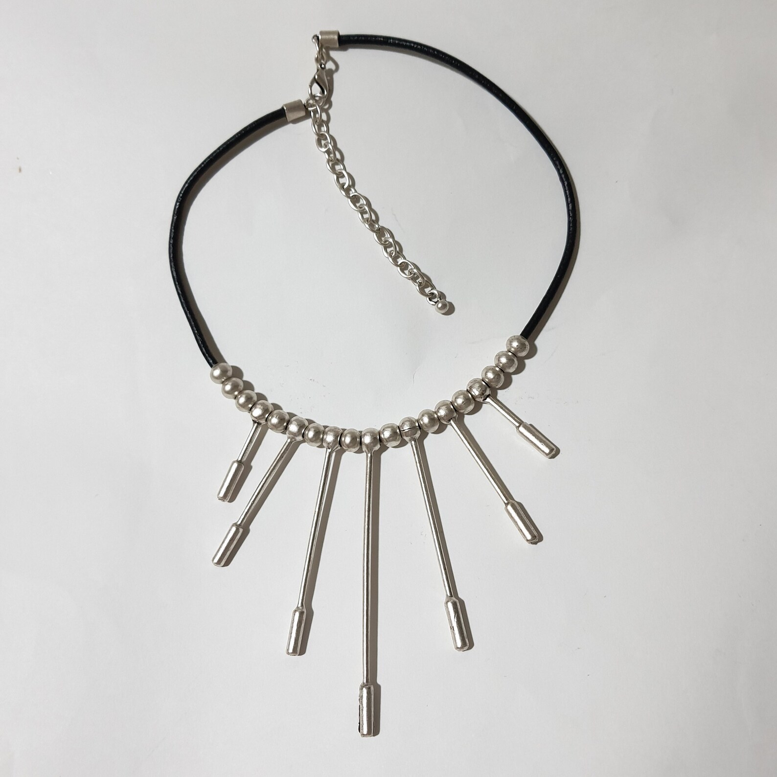 Long Stick Leather Cordon Necklace Chunky Silver Necklace Boho Etsy