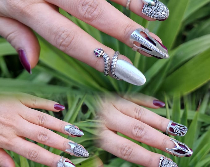Silver Zircon Nail Ring, Boho Knuckle Fingertip Ring, Adjustable Sparkle Armor Ring, Trendy Y2K Jewelry