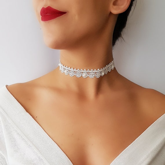 White Ribbon Choker Necklace 13 inch - 15 inch 13 inch - 15 inch / White