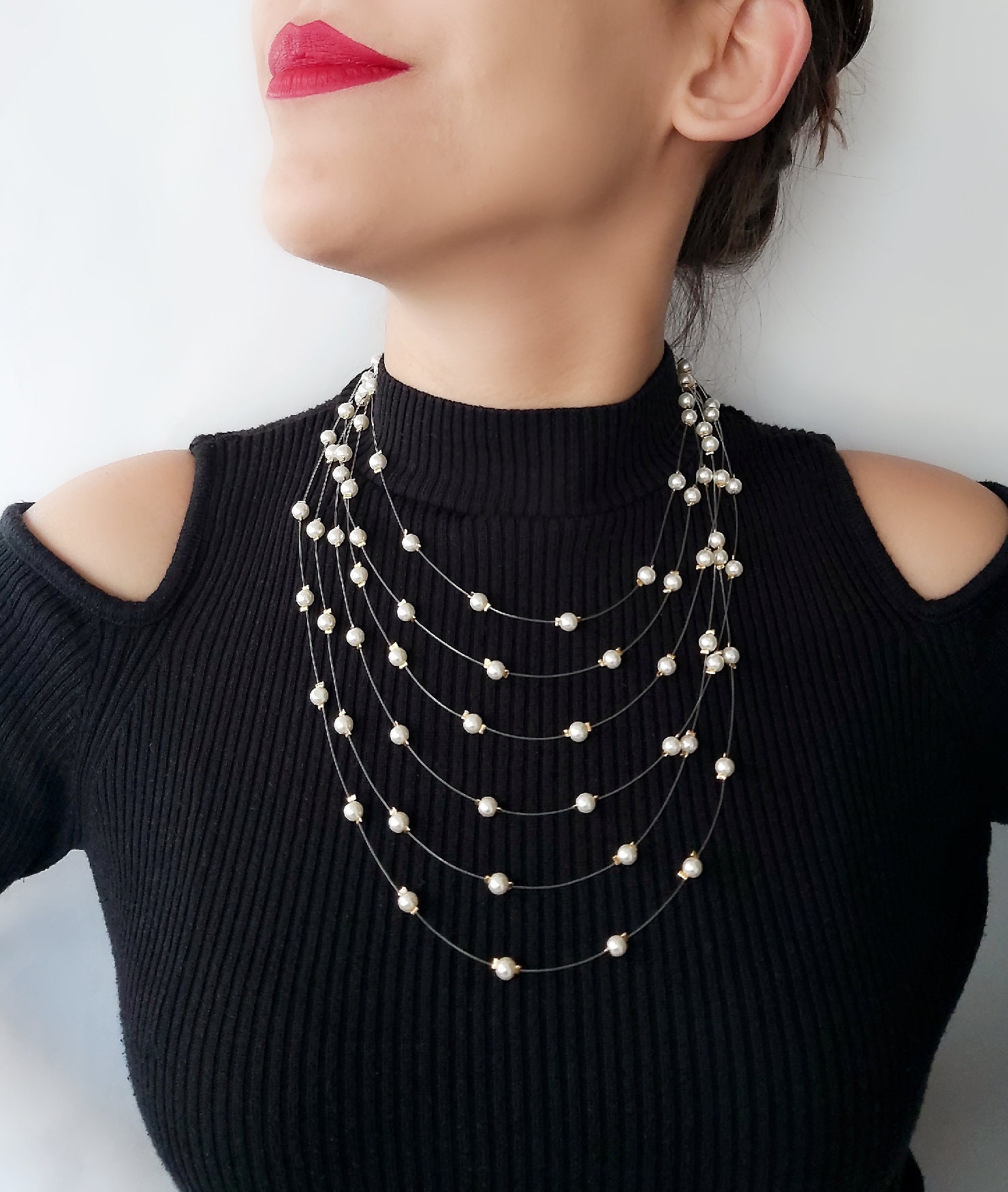 Layered Pearl Necklace6 Strand Pearl 