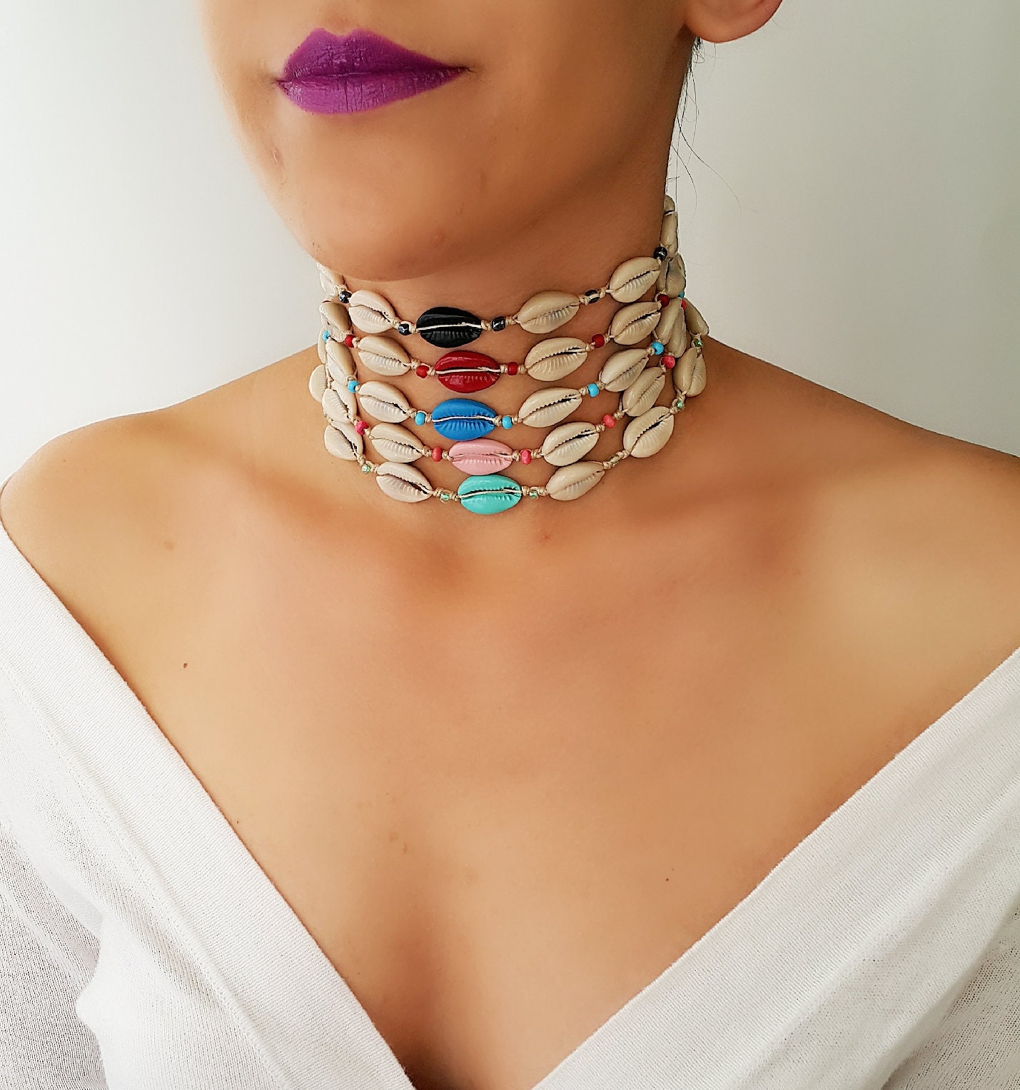 Collier Ras De Cou Réglable En Cauris (coquillages) - Modèle #5920 - Bijou Ethnique