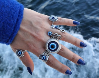 Anel de mau-olhado azul: anel de proteção em prata fosca, joias Boho