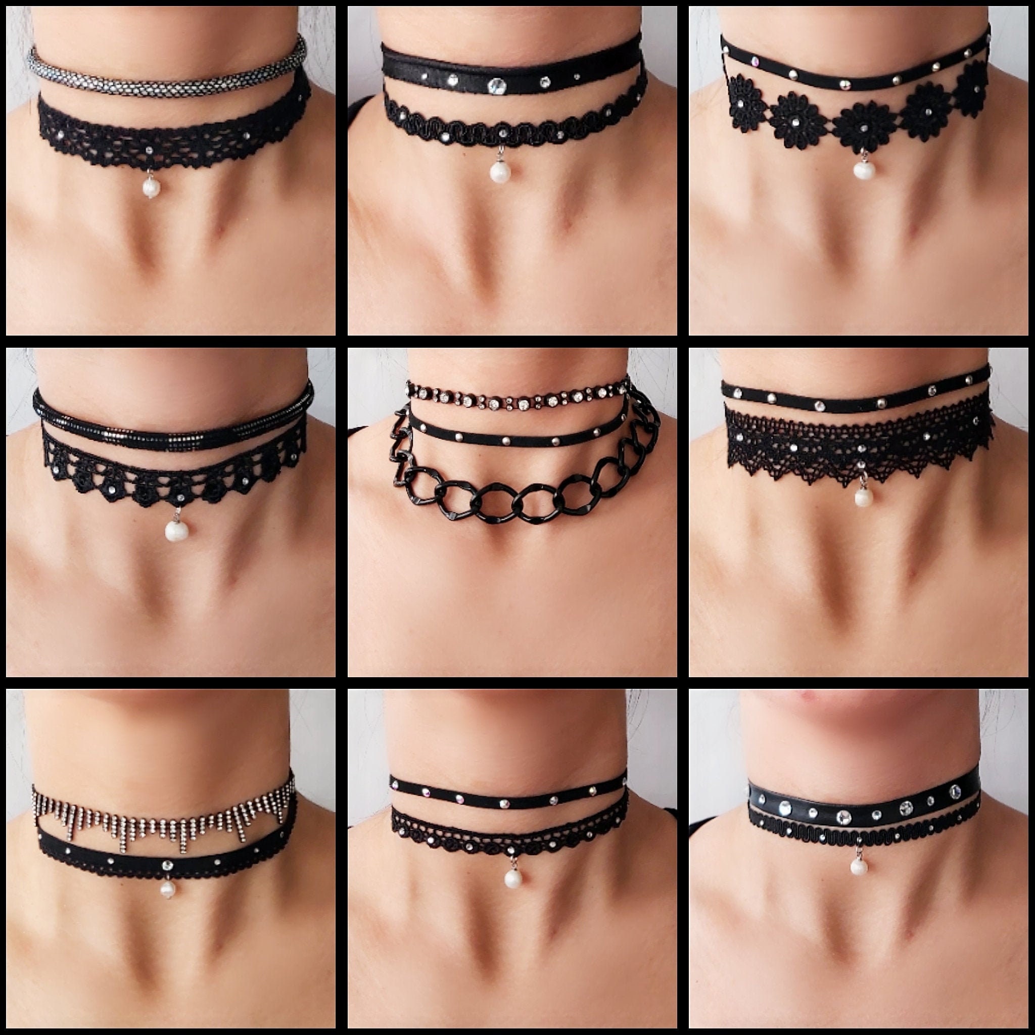 Women Adjustable Gothic Lace Necklace Bouncy Girls Gothic Lace Choker Necklace Black for Ladies Black Choker Necklaces Set 16 Pcs Tattoo Choker Necklace Black Classic Gothic Choker 
