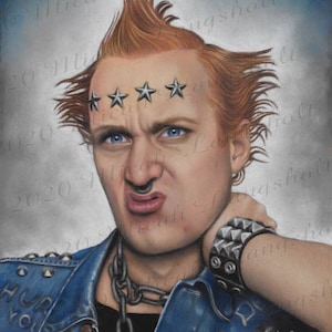 May include: A portrait of a person with red spiky hair, blue eyes, and star-shaped facial tattoos. They wear a denim jacket with metal studs and a chain necklace. A studded wristband and a nose ring complete the punk rock aesthetic. The text "HUR YOU DOG" is visible on the jacket.