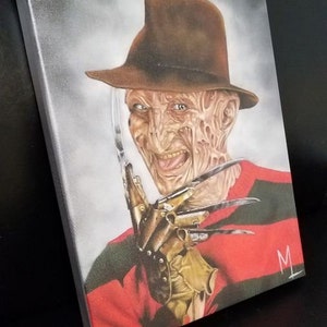 May include: A painting of Freddy Krueger, the fictional horror character from the Nightmare on Elm Street film series. He is wearing a brown fedora, a red and green striped sweater, and a glove with razor-sharp blades. The painting is done in a realistic style and has a dark and menacing tone.