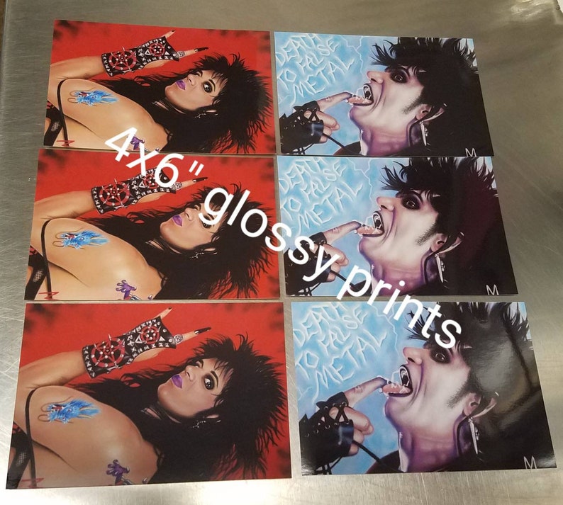 May include: Set of four 4x6 inch glossy prints featuring a black and white illustration of a person with long black hair. The person is wearing a black leather jacket and has a tongue sticking out. The text "Death to False Metal" is written in blue and white on a blue background.