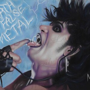 May include: A black and white drawing of a person with black hair and a black leather glove. The person is sticking out their tongue and the background is blue with white lightning bolts and the text "Death to False Metal".