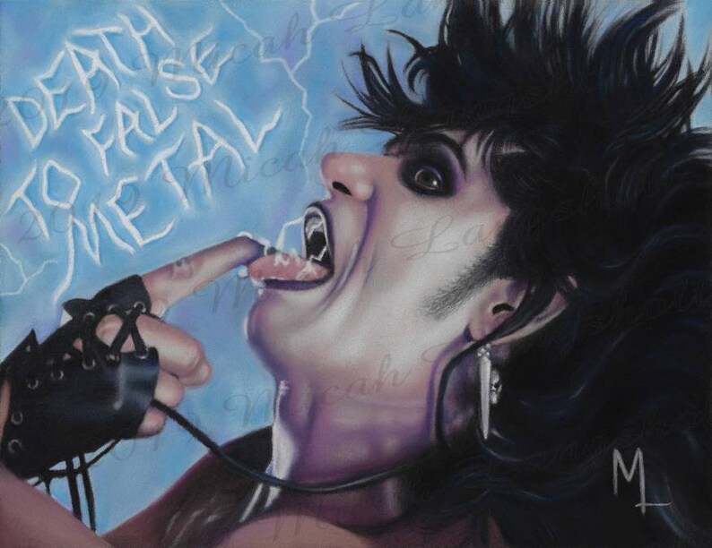 May include: A black and white drawing of a person with black hair and a black leather glove. The person is sticking out their tongue and the background is blue with white lightning bolts and the text "Death to False Metal".