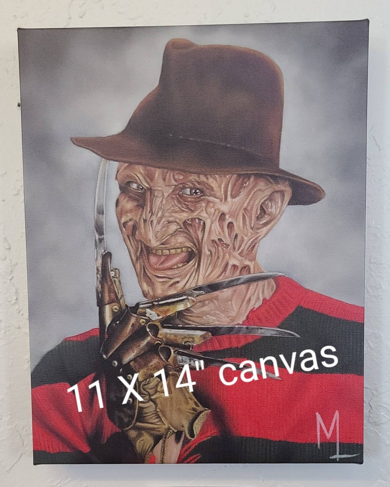 May include: A painting of Freddy Krueger, the iconic horror character from the Nightmare on Elm Street franchise. He is depicted with his signature red and green striped sweater, brown fedora, and a glove with razor-sharp blades. The painting is on a 11 x 14 inch canvas.