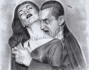 May include: A black and white pencil drawing of a vampire biting a woman's neck. The vampire has a sharp, pointed nose and a menacing expression. The woman has long, dark hair and a scared expression.