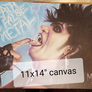May include: A 11x14 inch canvas painting of a person with black hair and a black leather glove. The person is sticking their tongue out and the background is blue with white lightning bolts and the text "Death to false metal".