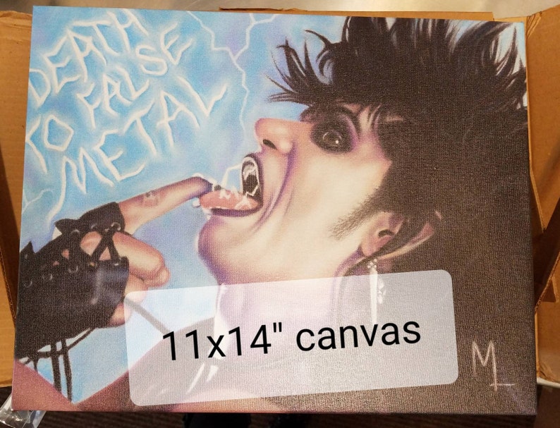 May include: A 11x14 inch canvas painting of a person with black hair and a black leather glove. The person is sticking their tongue out and the background is blue with white lightning bolts and the text "Death to false metal".