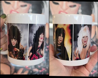 11 oz ceramic mug with drawings of Motley Crue members printed on it