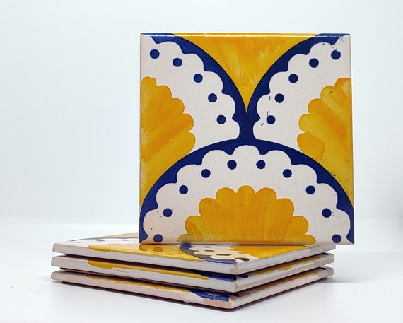 Set of 4 Hand-Painted Lisbon Tile Coaster: Portuguese Azulejo Ceramic Souvenir