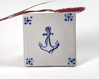 Hand-Painted Portuguese Azulejo Tile – Blue Anchor Design