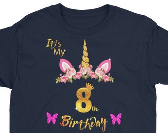 8th Birthday Shirt, Best Gift for Eight Years Old Girls, Kids Short Sleeve T-Shirt, Cat Unicorn Rainbow Lovers.