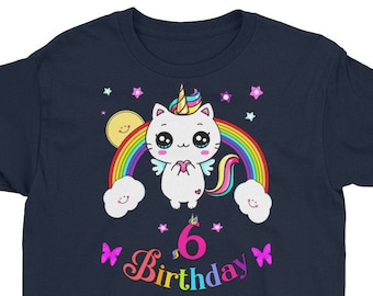 6th Birthday Shirt, Best Gift for Six Years Old Girls, Kids Short Sleeve T-Shirt, Cat Unicorn Rainbow Lovers, Youth Short Sleeve T-Shirt.