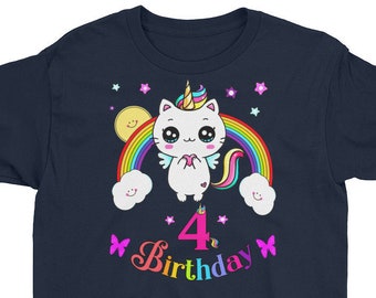 4th Birthday Shirt, Best Gift for Four Years Old Girls, Kids Short Sleeve T-Shirt, Cat Unicorn Rainbow Lovers.