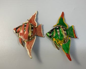 Cloisonné Sea Gems tropical Fish Ornaments- enameled and accented in gold plate-top fin bottom fin head tale moves-mint condition.