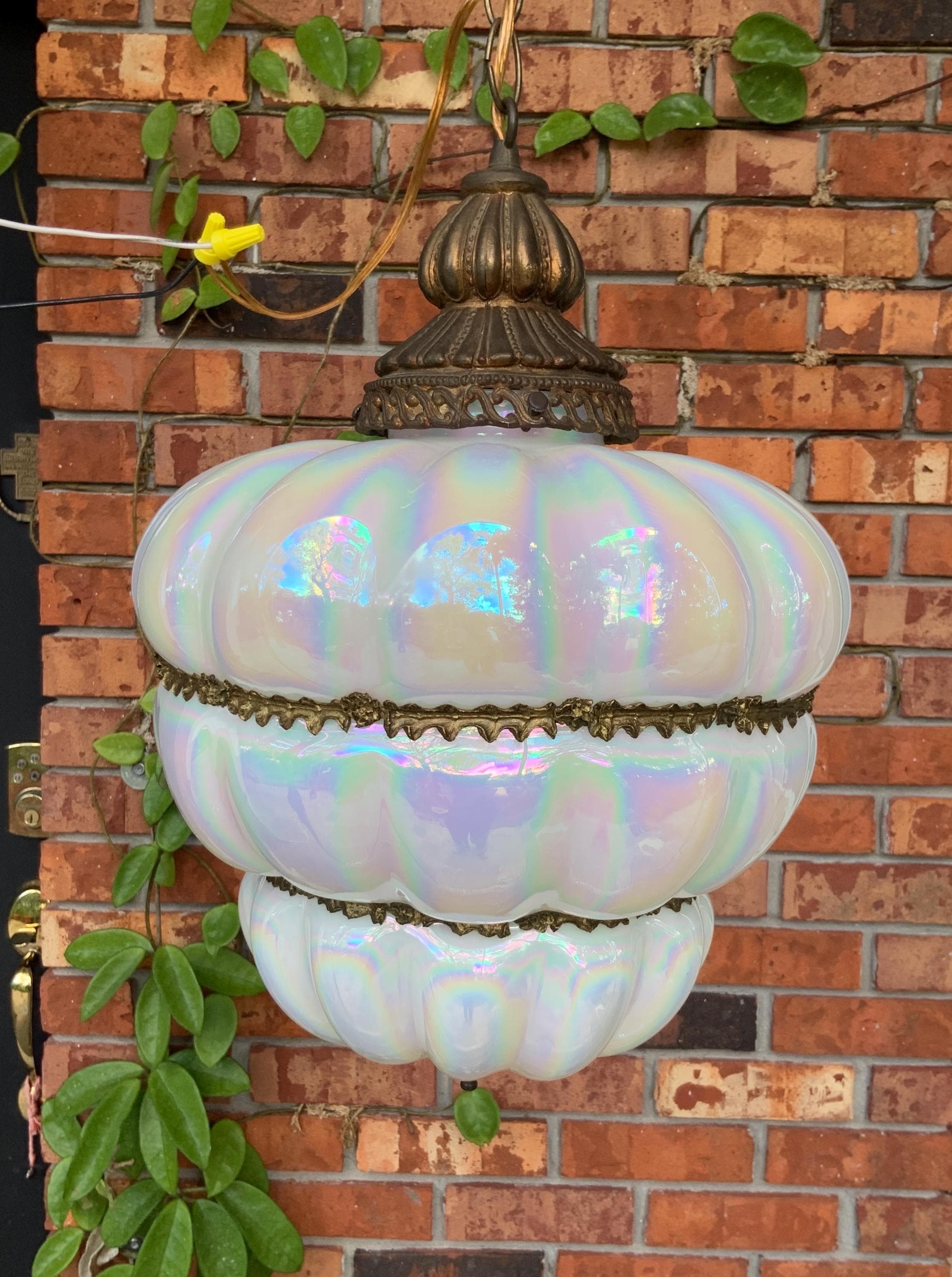 Vtg. MURANO magnificent Opalescdent glass hanging lamp w/ bronze details- Circa 1950’s. See video to appreciate all details.