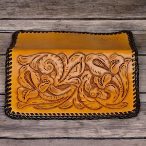 Tooled Leather Checkbook Cover: Vegetable Tanned Calfskin Laced
