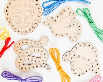 Biblical Animals Lacing Cards: Handmade Wooden Montessori Toy