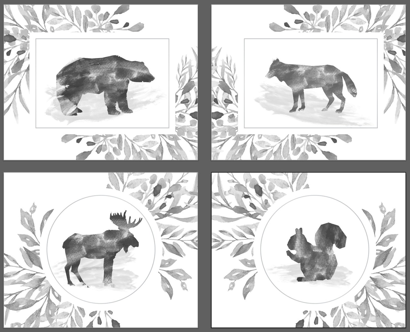 Black & White Woodland Animals Digital Watercolor Prints set of Four 8x10's Etsy