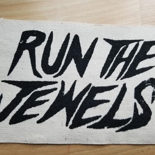 RUN the JEWELS, BIG white Sew-on Patch, 7 inches X  4.5 inches.