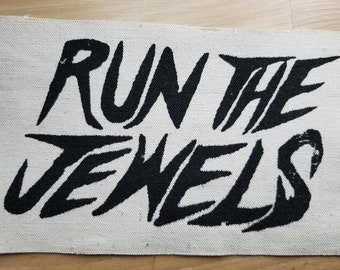 RUN the JEWELS, BIG white Sew-on Patch, 7 inches X  4.5 inches.