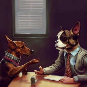 May include: An artistic illustration depicts two dogs in a business meeting. One dog, wearing a patterned collar, gestures towards the other, who is dressed in a suit and tie. A mug and papers sit on the wooden table.