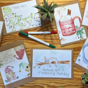 Christmas/Holiday Card Set with Watercolor Prints, pack of 7