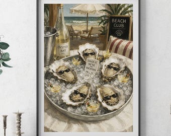 Oyster Beach Club Print - Coastal Kitchen Wall Art, Mediterranean Seafood Decor for Dining Room