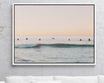 Vintage Surf Wall Art Framed Canvas Print: Coastal Sunset Beach Photography