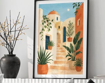 Mediterraner Wand-Kunstdruck, Terrakotta-Innenhof-Küstendekor, gerahmt oder ungerahmt