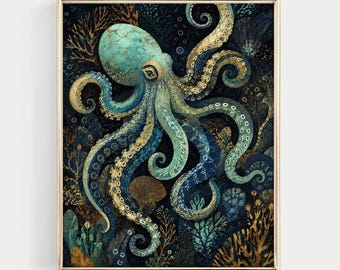Octopus Framed Canvas Wall Art - Teal Blue Green Nautical Sea Life Artwork, Coastal Home Decor