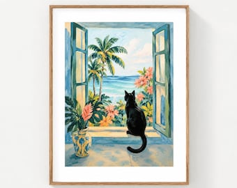 Black Cat Window Wall Art Print - Tropical Beach Fine Art Print, Coastal Cat Wall Decor, Ocean View Artwork
