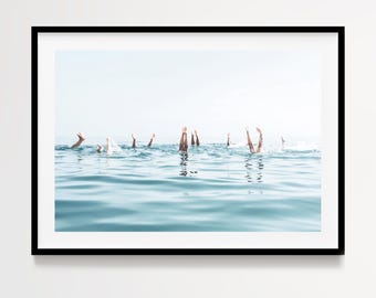 Swimmers Photography Print, Coastal Ocean Wall Art, Minimal Beach Photography, Blue Summer Decor