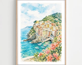 Cinque Terre Wall Art, Italian Coastal Village Print, Framed or Unframed Watercolor Decor