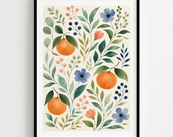Citrus Botanische Wand Kunst Druck, Aquarell Orangen & Wildblumen, gerahmt oder ungerahmt